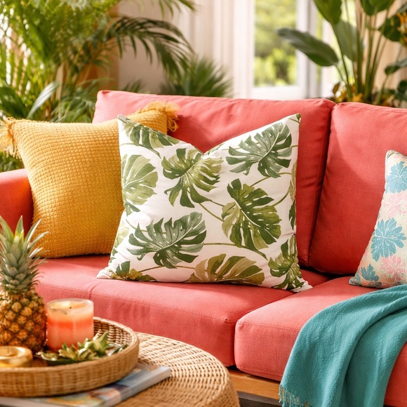 Stitch Virgo Other - Tropical Palm Leaves Pillow Cover - 20x20” Handmade Cotton